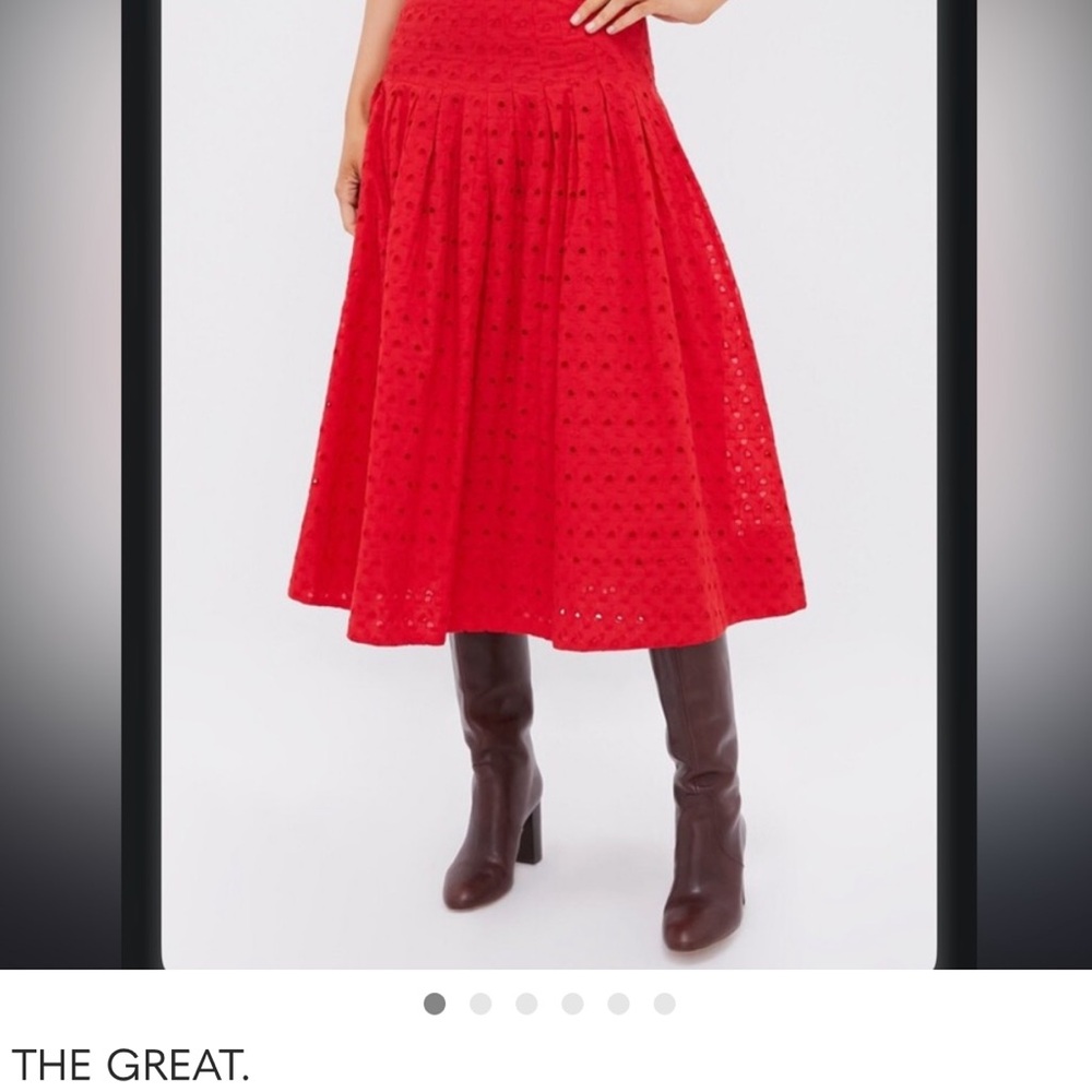 THE GREAT. Vibrant Red Eyelet Midi Skirt